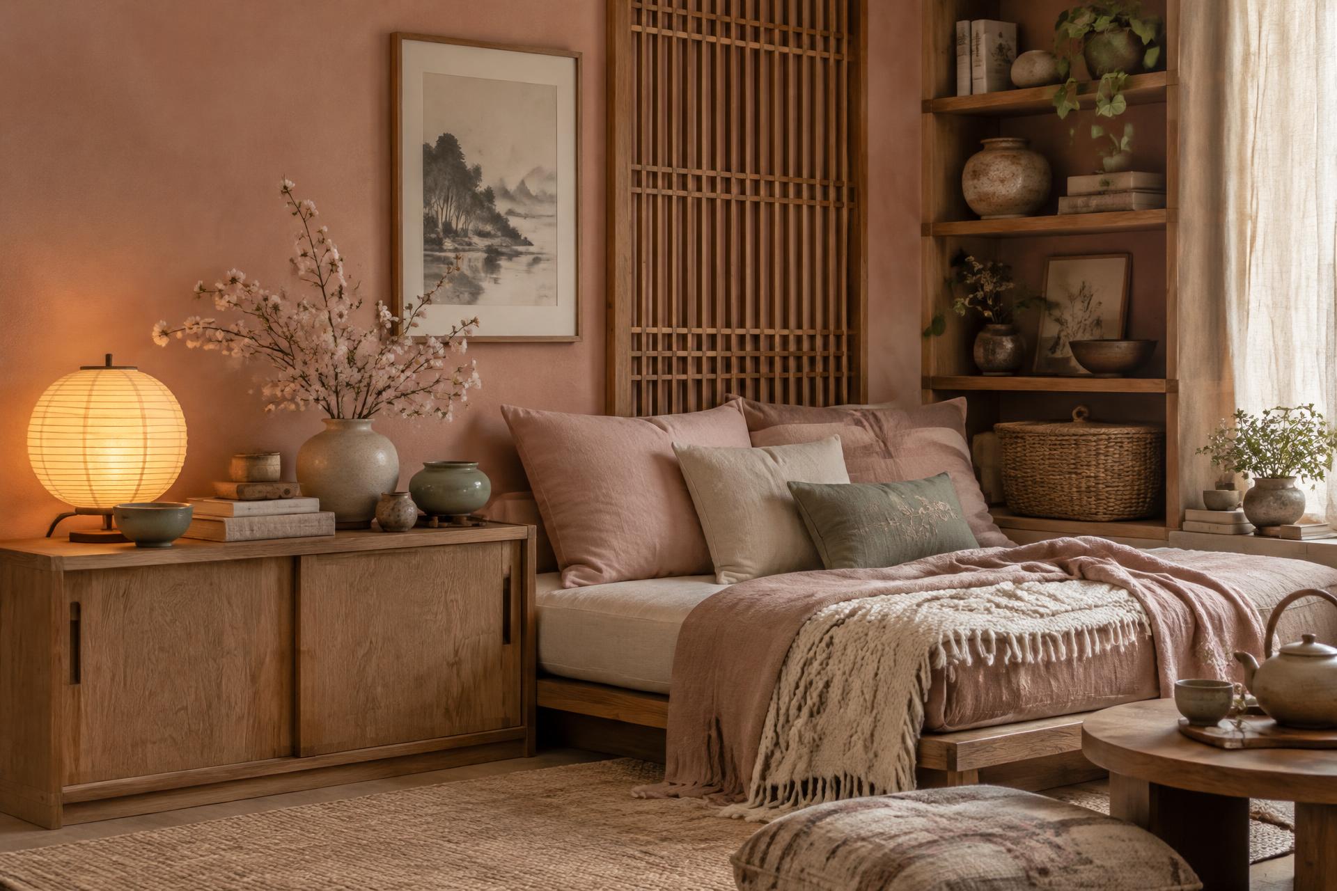 A compact Korean-inspired room with a low linen-draped daybed, handmade ceramic vases holding blossom branches, a paper lantern and a slatted oak screen.